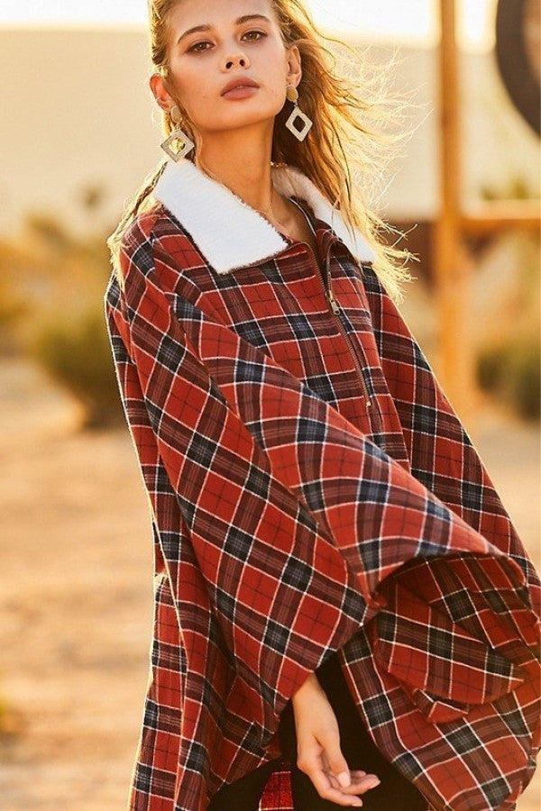Women's Mock Neck with Zipper Contrast Inside Front Pocket Plaid Poncho