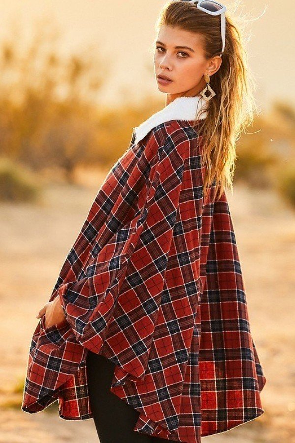 Women's Mock Neck with Zipper Contrast Inside Front Pocket Plaid Poncho