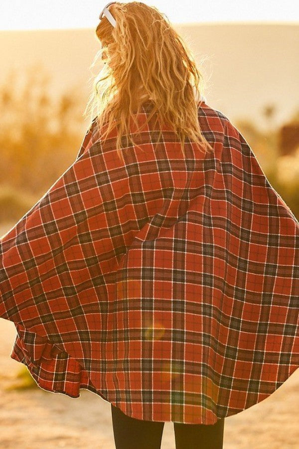 Women's Mock Neck with Zipper Contrast Inside Front Pocket Plaid Poncho