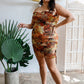 Women's Plus Brown Fall Colors Pattern Drawstring Ruched Slip Mini Dress (1X & 2X Only)
