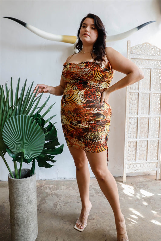 Women's Plus Brown Fall Colors Pattern Drawstring Ruched Slip Mini Dress (1X & 2X Only)