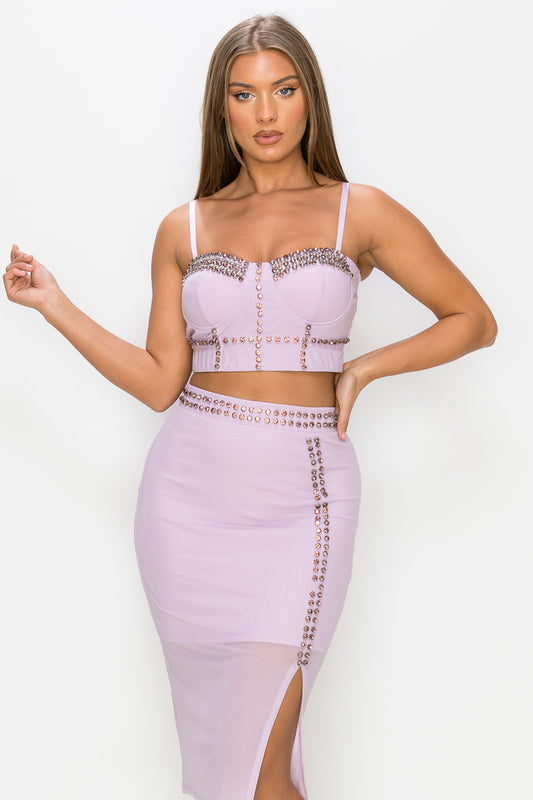 Women's Studded Stone Cami Top & Slit Mini Skirts Set