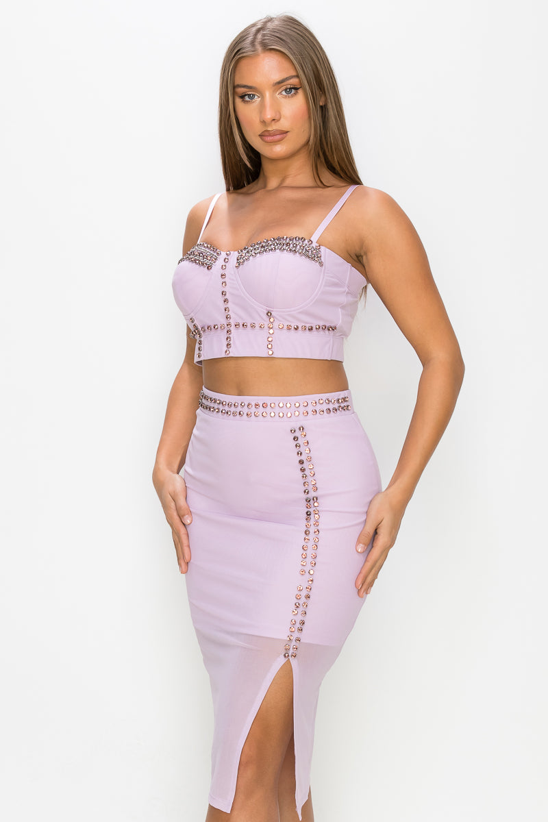 Women's Studded Stone Cami Top & Slit Mini Skirts Set