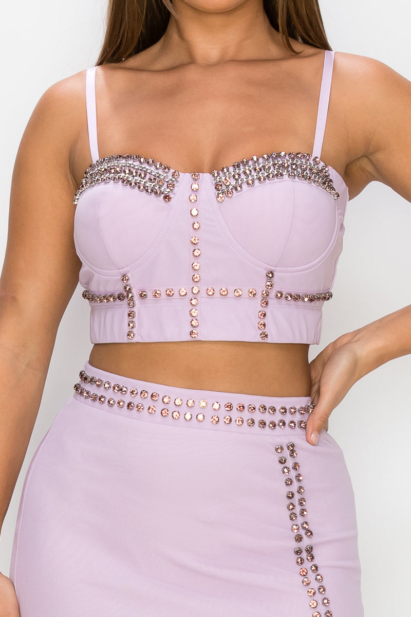 Women's Studded Stone Cami Top & Slit Mini Skirts Set