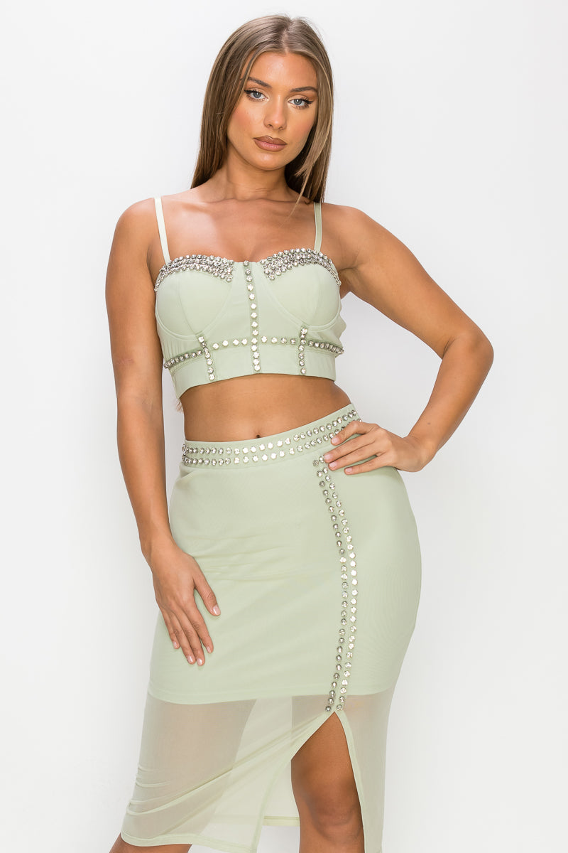 Women's Studded Stone Cami Top & Slit Mini Skirts Set