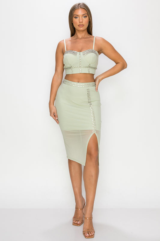 Women's Studded Stone Cami Top & Slit Mini Skirts Set