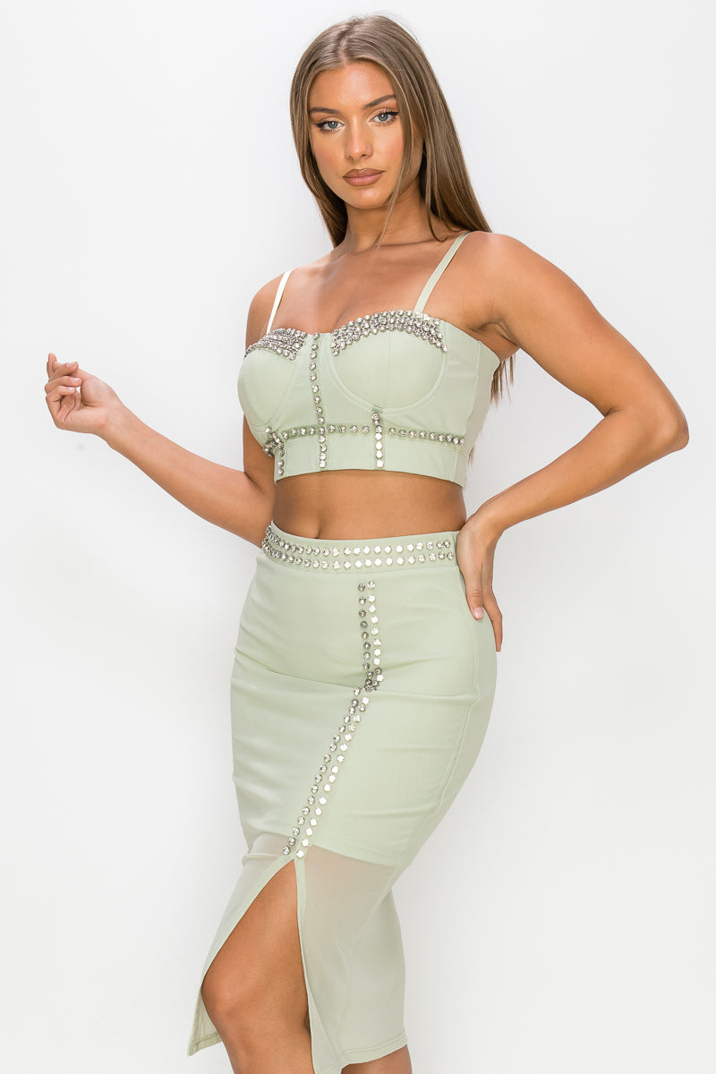 Women's Studded Stone Cami Top & Slit Mini Skirts Set