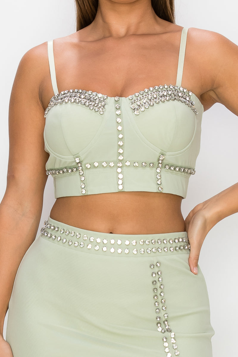 Women's Studded Stone Cami Top & Slit Mini Skirts Set