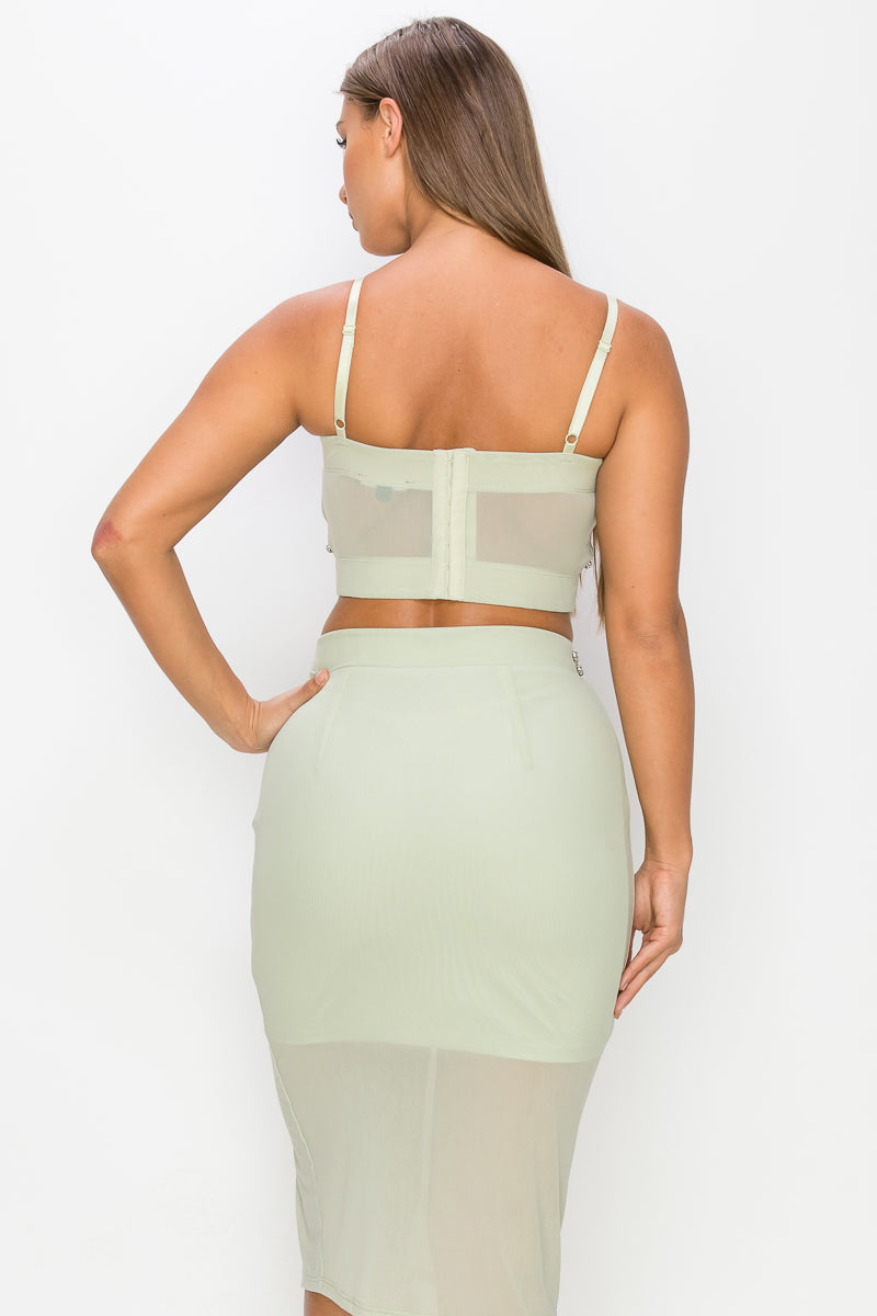Women's Studded Stone Cami Top & Slit Mini Skirts Set