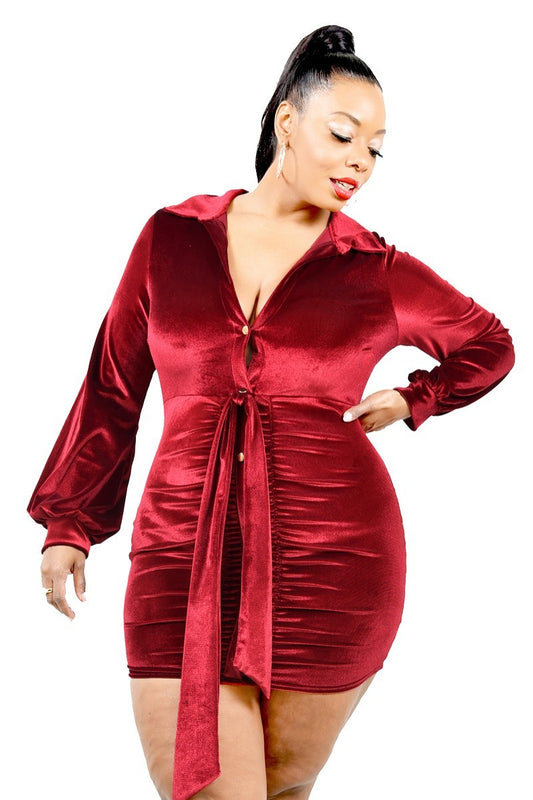 Women's Plus Velvet Bishop Sleeve Mini Dress
