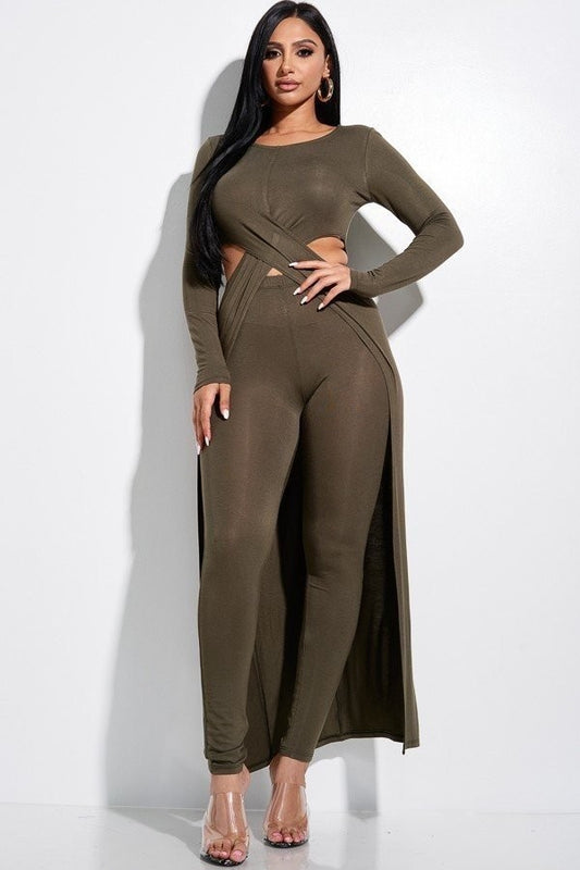 Women's Solid Heavy Rayon Spandex Long Sleeve Crossed Over Long Top And Leggings 2 Piece Set