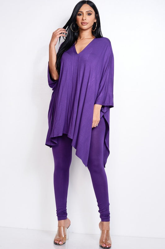 Women's Solid Heavy Rayon Spandex Cape Top And And Leggings 2 Piece Set
