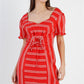 Women's Red Stripe Lace Up Front Detail Ruffle Trim Balloon Sleeve Dress