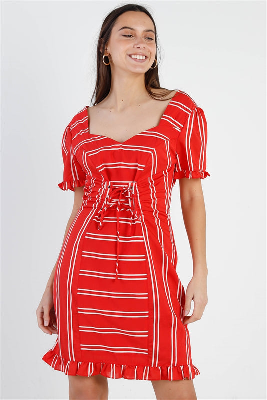 Women's Red Stripe Lace Up Front Detail Ruffle Trim Balloon Sleeve Dress