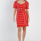 Women's Red Stripe Lace Up Front Detail Ruffle Trim Balloon Sleeve Dress