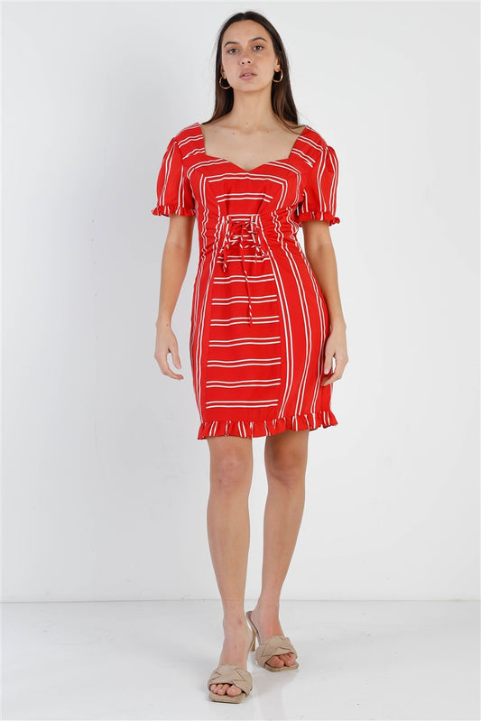 Women's Red Stripe Lace Up Front Detail Ruffle Trim Balloon Sleeve Dress