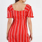 Women's Red Stripe Lace Up Front Detail Ruffle Trim Balloon Sleeve Dress