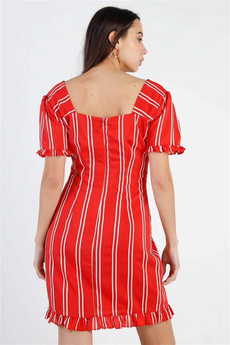 Women's Red Stripe Lace Up Front Detail Ruffle Trim Balloon Sleeve Dress