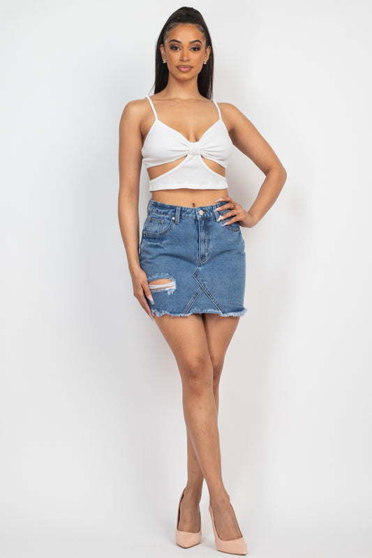 Women's Distressed Frayed Hem Denim Jean Mini Skirt (S Only)