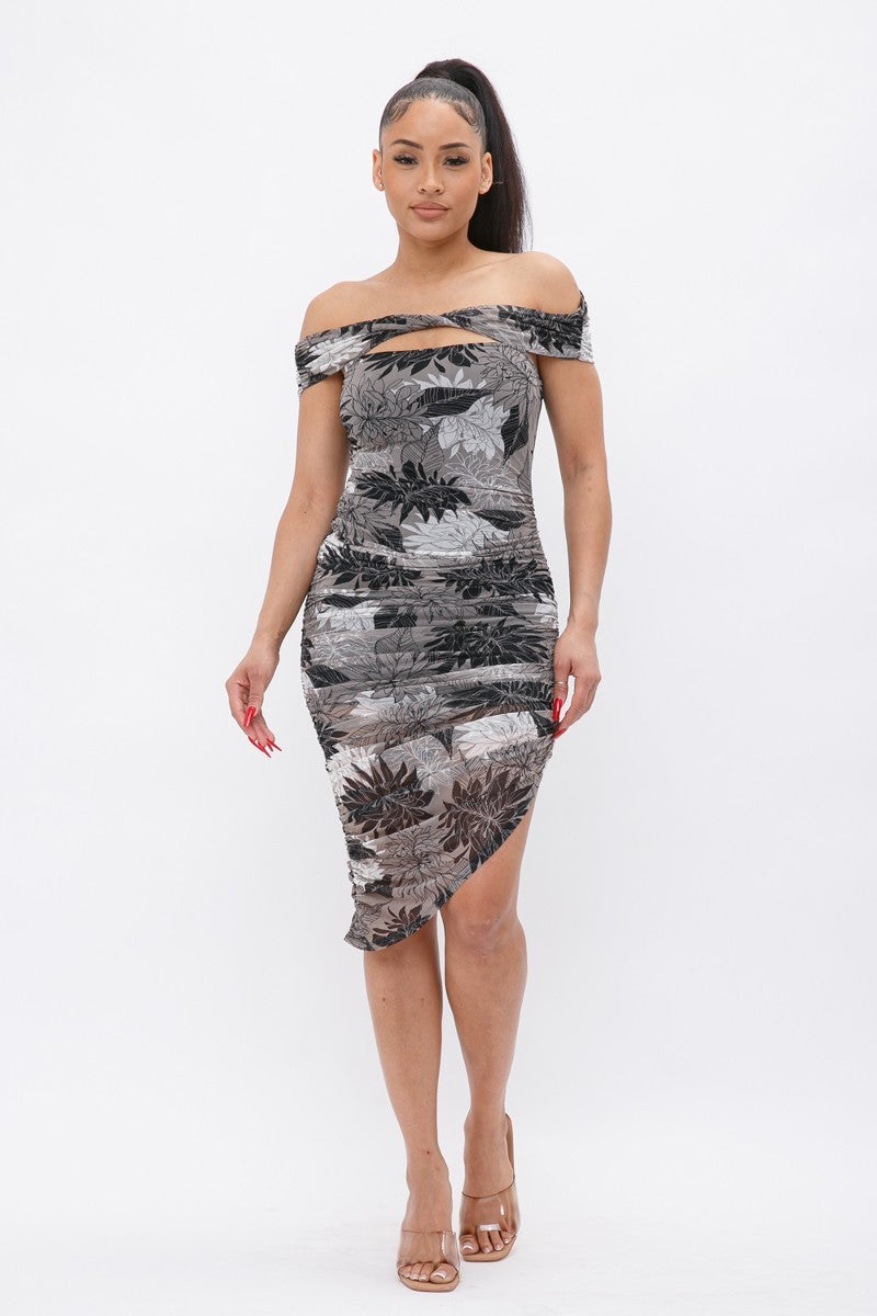 Women's Printed Mesh Off Shoulder Dress