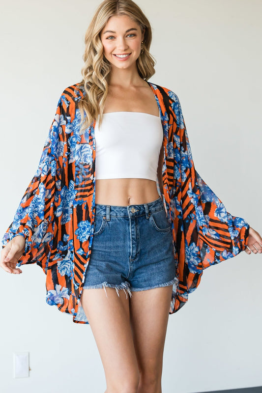 Women's Stripes and Floral Print Lightweight Kimono