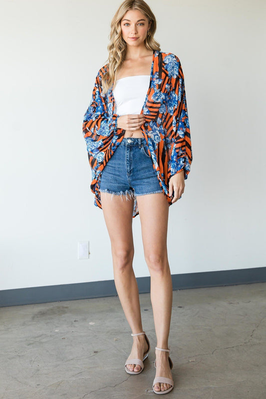 Women's Stripes and Floral Print Lightweight Kimono