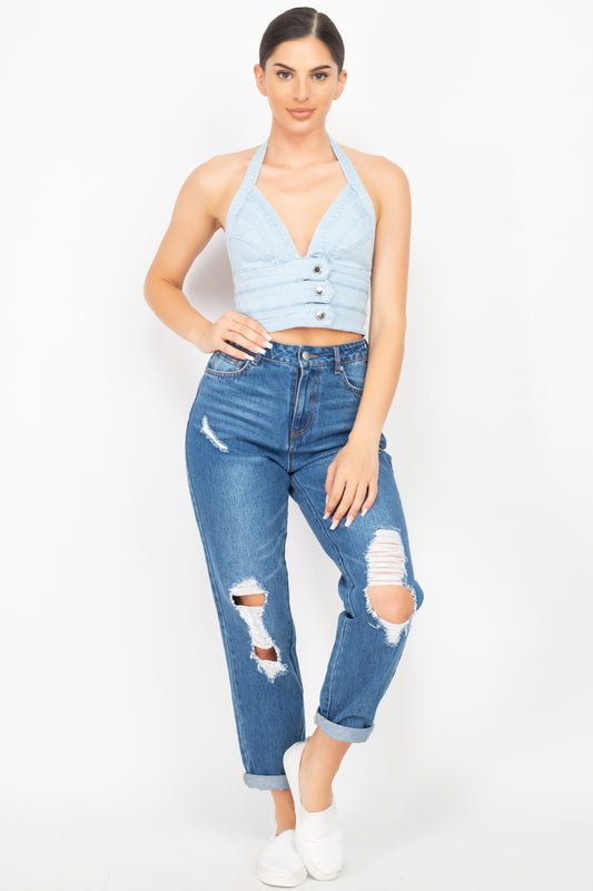 Women's Denim Jean Halter Neck Seamed Crop Top