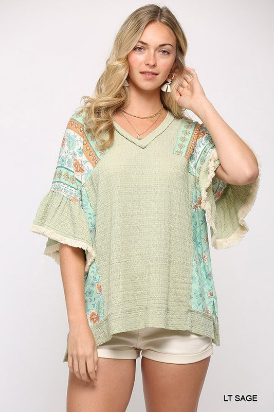Women's Texture Knit And Print Mixed Hi Low Hem Top