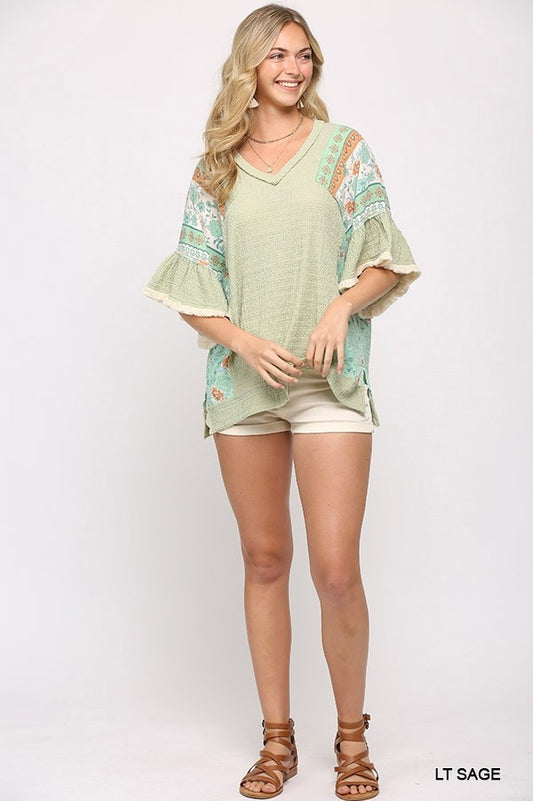 Women's Texture Knit And Print Mixed Hi Low Hem Top