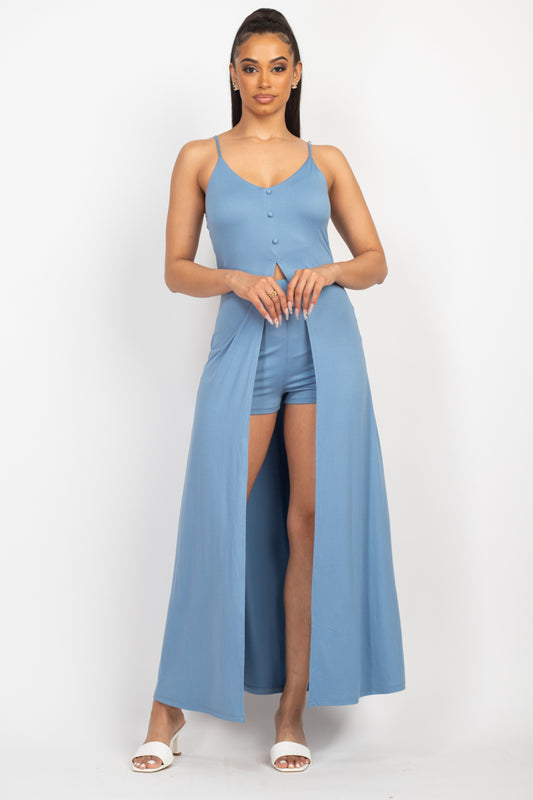 Women's Scoop Buttoned Full Cami Top & Mini Shorts Set