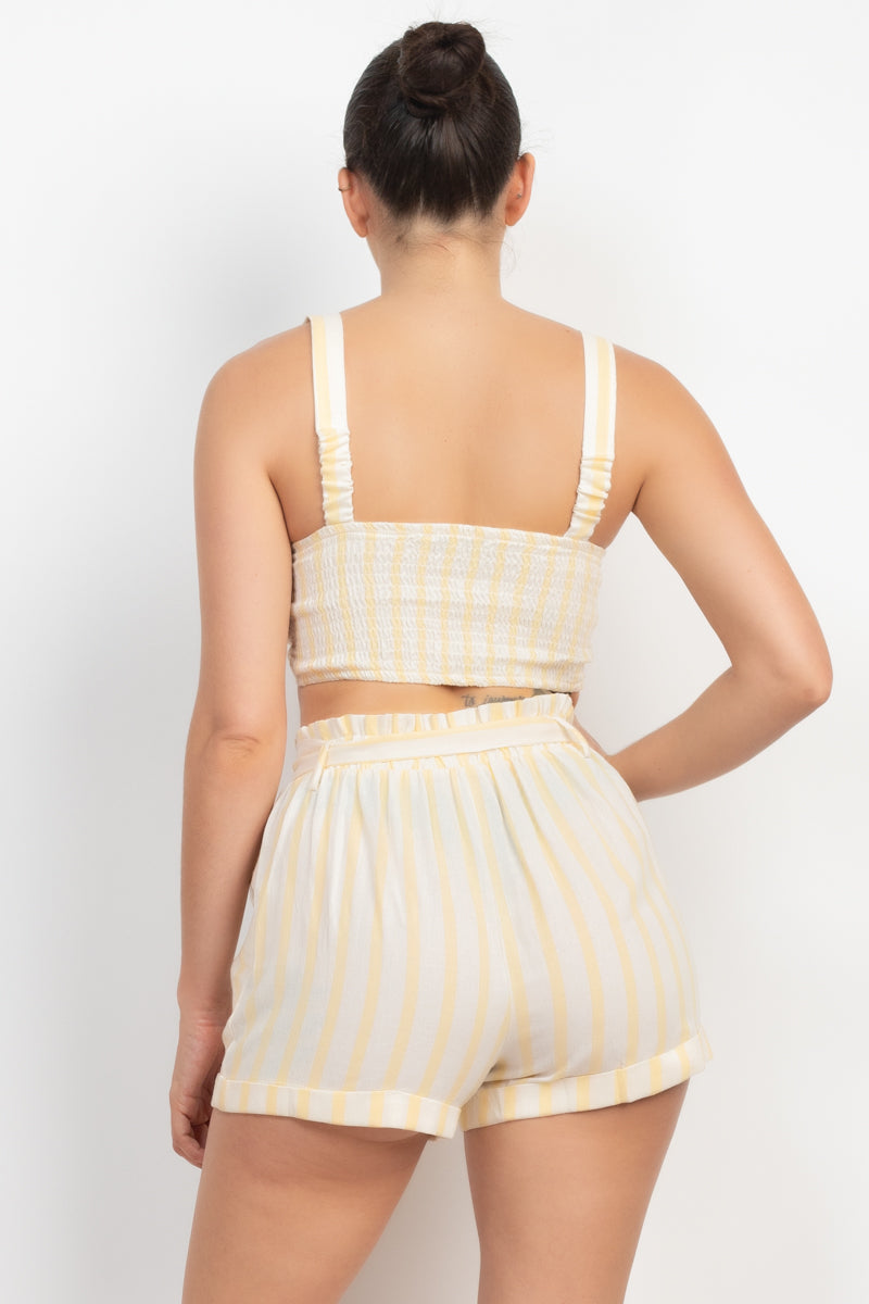 Women's Tie-front Striped Crop Top & Belted Shorts Set
