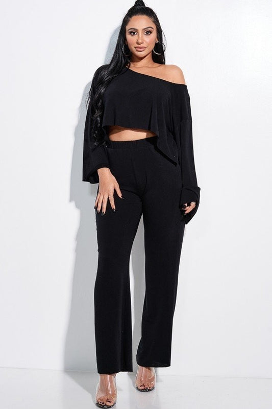 Women's Solid French Terry Long Slouchy Long Sleeve Top And Pants With Pockets Two Piece Set