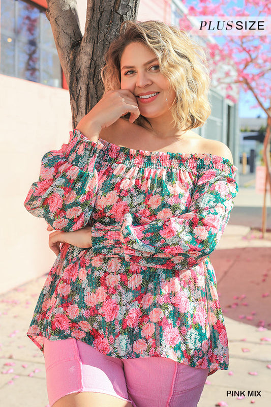 Women's Sheer Floral Print Plus Metallic Threading Long Sleeve Off Shoulder Top Blouse