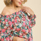 Women's Sheer Floral Print Plus Metallic Threading Long Sleeve Off Shoulder Top Blouse