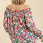 Women's Sheer Floral Print Plus Metallic Threading Long Sleeve Off Shoulder Top Blouse