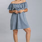 Women's Plus Off Shoulder Ruffled Denim Jean Dress with Frayed Hem & Pockets (XL & 1X Only)