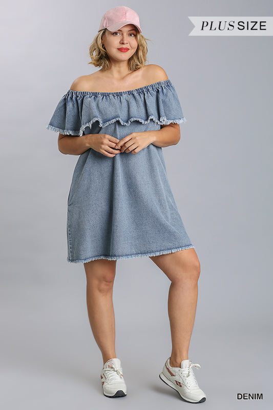 Women's Plus Off Shoulder Ruffled Denim Jean Dress with Frayed Hem & Pockets (XL & 1X Only)