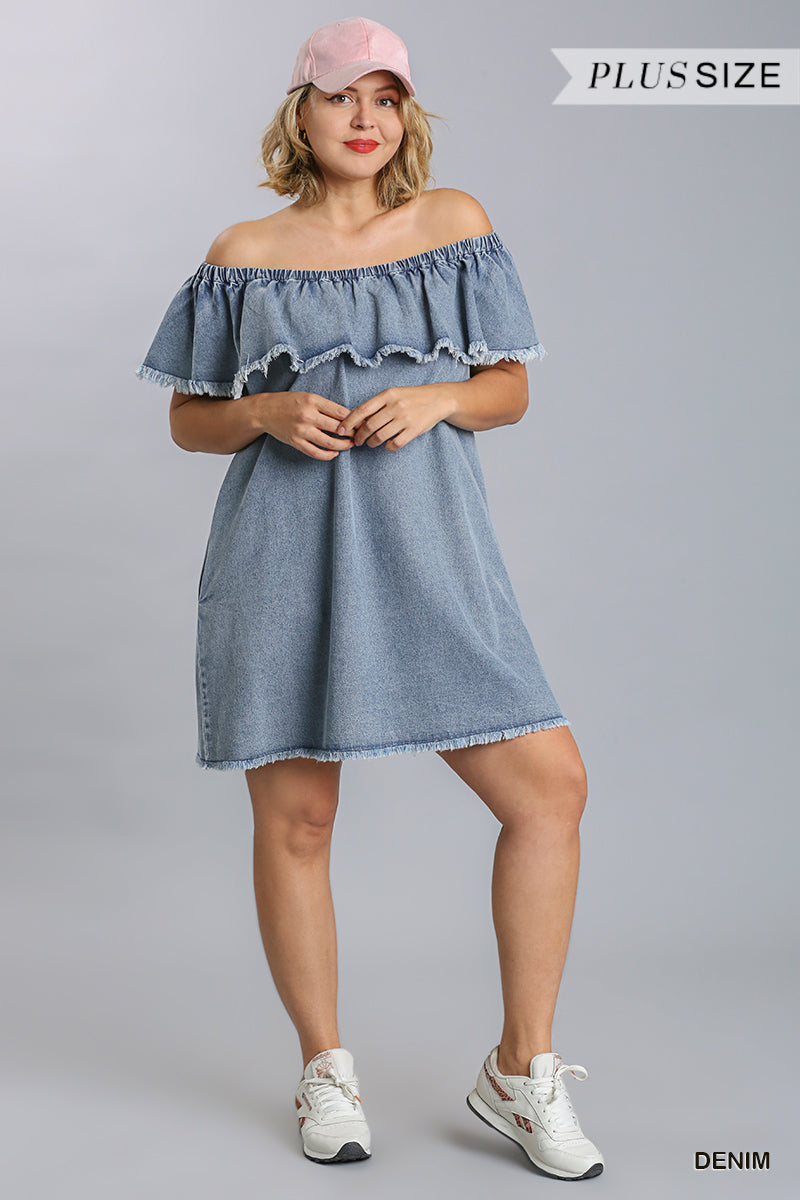 Women's Plus Off Shoulder Ruffled Denim Jean Dress with Frayed Hem & Pockets (XL & 1X Only)