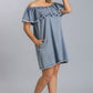 Women's Plus Off Shoulder Ruffled Denim Jean Dress with Frayed Hem & Pockets (XL & 1X Only)