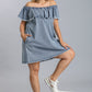 Women's Plus Off Shoulder Ruffled Denim Jean Dress with Frayed Hem & Pockets (XL & 1X Only)
