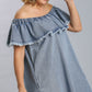 Women's Plus Off Shoulder Ruffled Denim Jean Dress with Frayed Hem & Pockets (XL & 1X Only)
