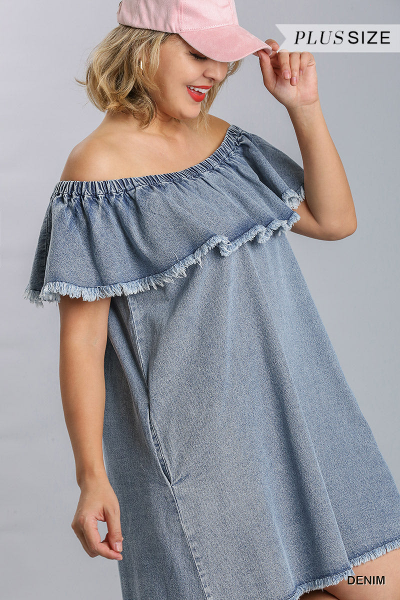 Women's Plus Off Shoulder Ruffled Denim Jean Dress with Frayed Hem & Pockets (XL & 1X Only)