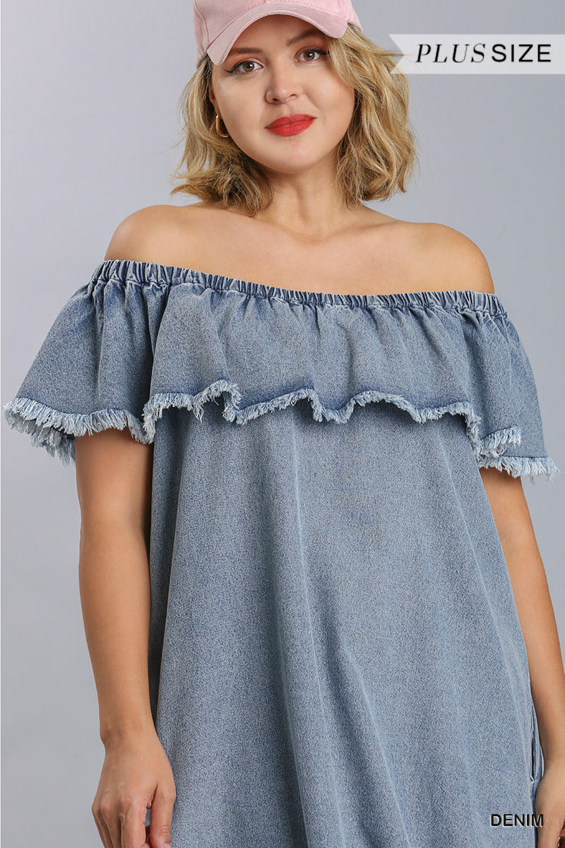 Women's Plus Off Shoulder Ruffled Denim Jean Dress with Frayed Hem & Pockets (XL & 1X Only)