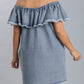 Women's Plus Off Shoulder Ruffled Denim Jean Dress with Frayed Hem & Pockets (XL & 1X Only)