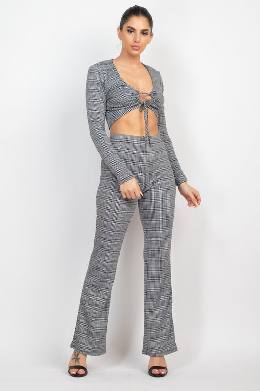 Women's Plaid Cut-out Long Sleeve Top & Pants Set