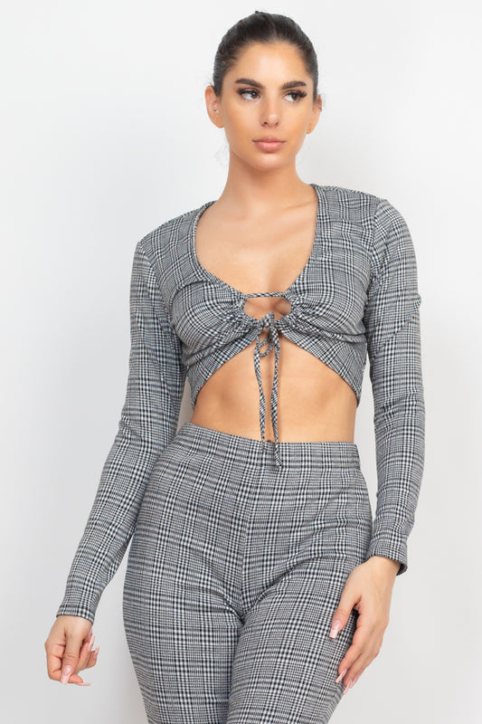 Women's Plaid Cut-out Long Sleeve Top & Pants Set