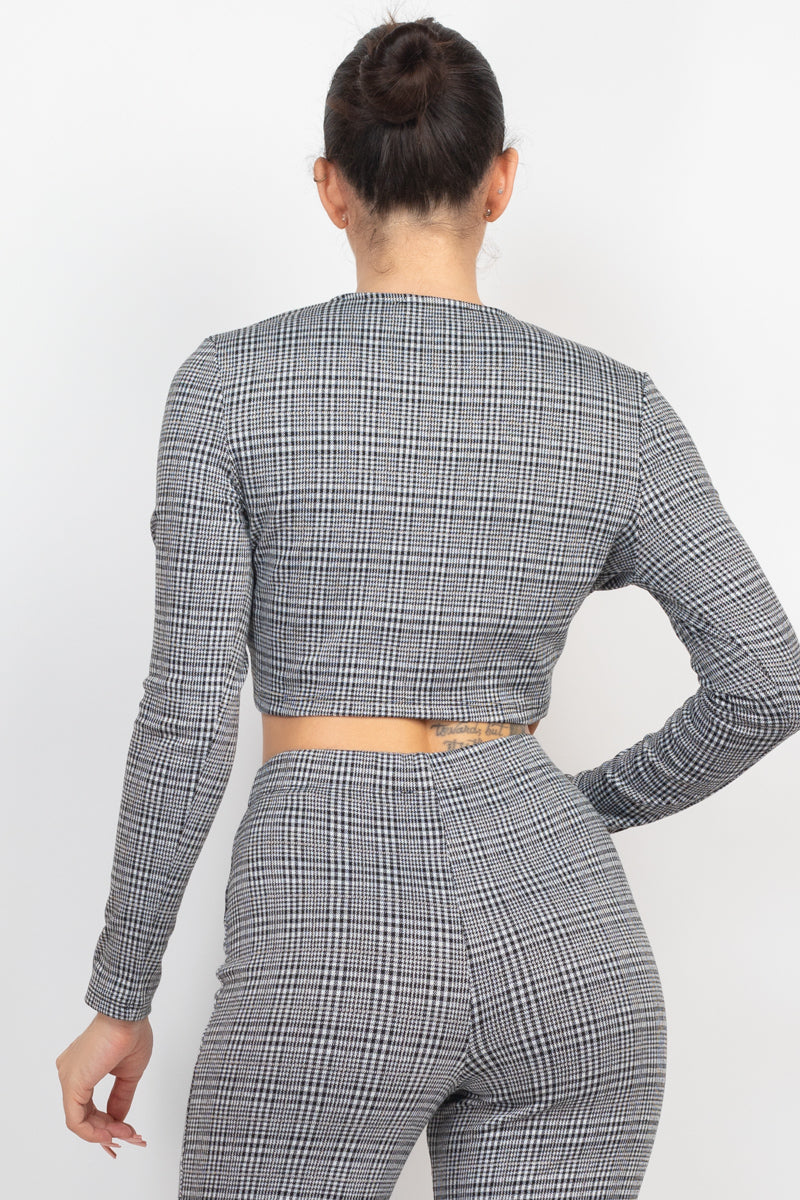 Women's Plaid Cut-out Long Sleeve Top & Pants Set