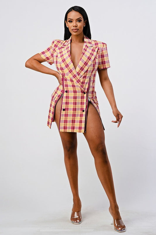 Women's  Collared Double Breasted Plaid Blazer Mini Dress