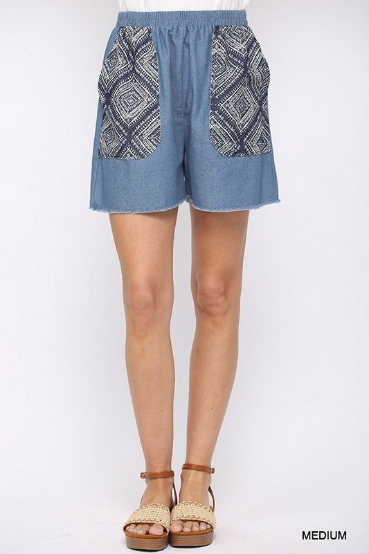 Women's Denim Jean Print Pockets Elastic Waist Shorts with Raw Hem
