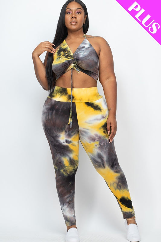 Women's Plus Adjustable Ruched Crop Top and Leggings Set